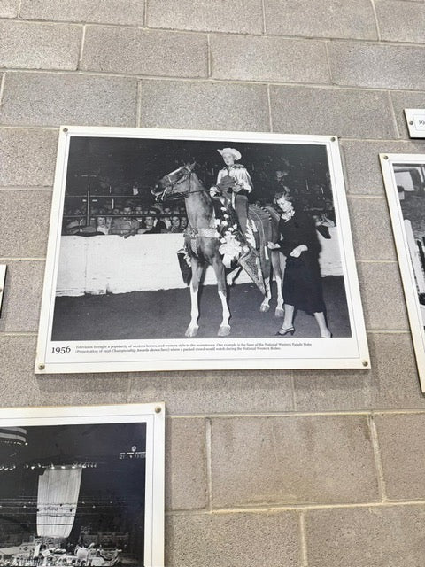A black and white historical photograph print mounted on a gray stone wall, showing a woman riding a horse in an arena with text below the photo.