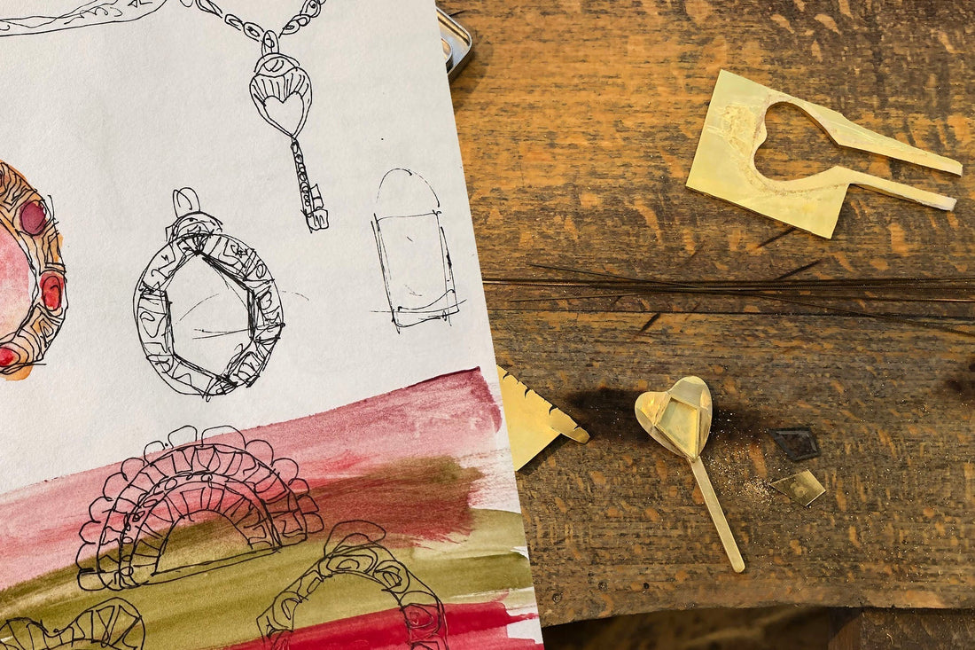 Sketch by Brooke Gregson and fine jewellery making in progress handmade in London