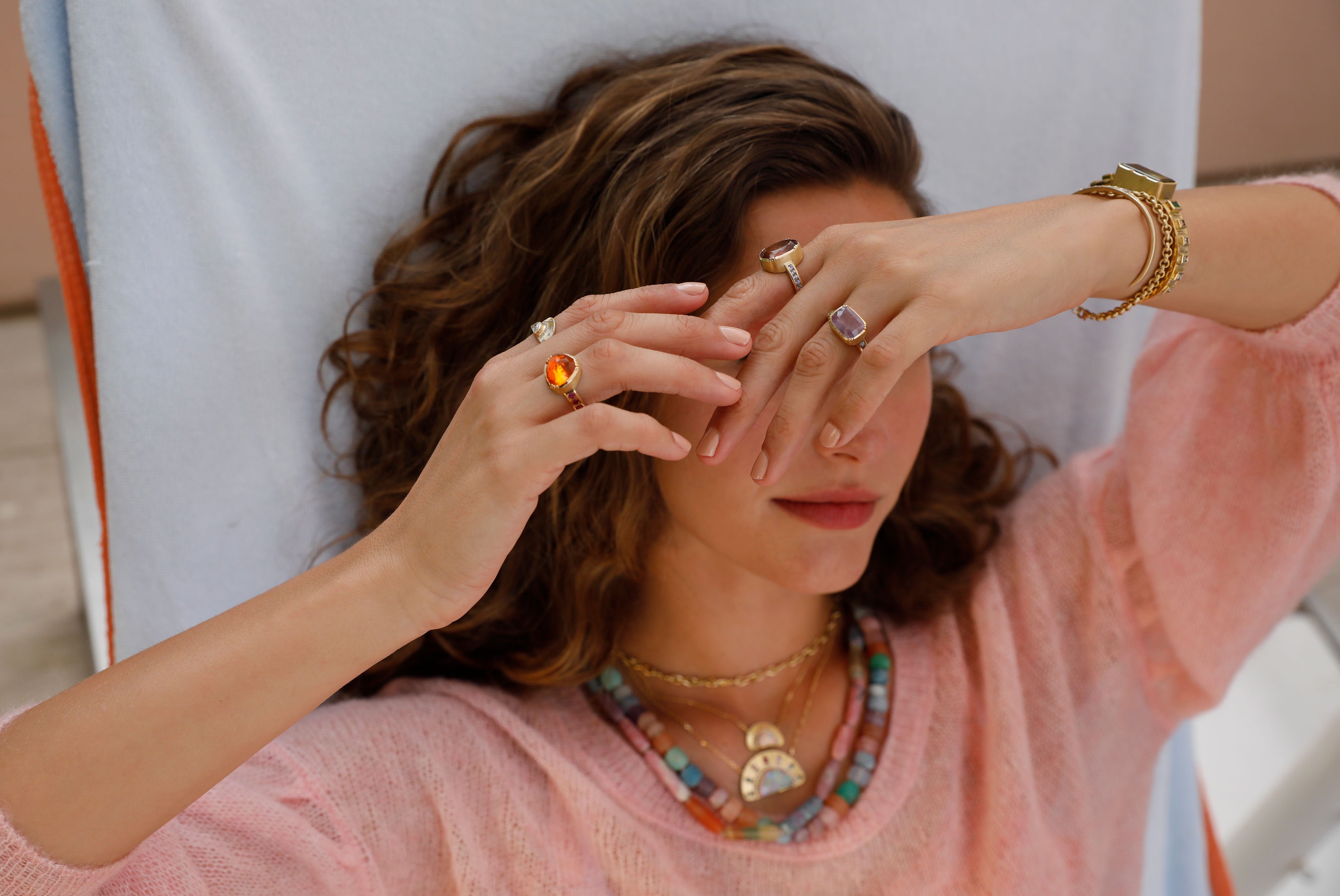 Model wearing one of a kind fine jewellery by Los Angeles designer Brooke Gregson