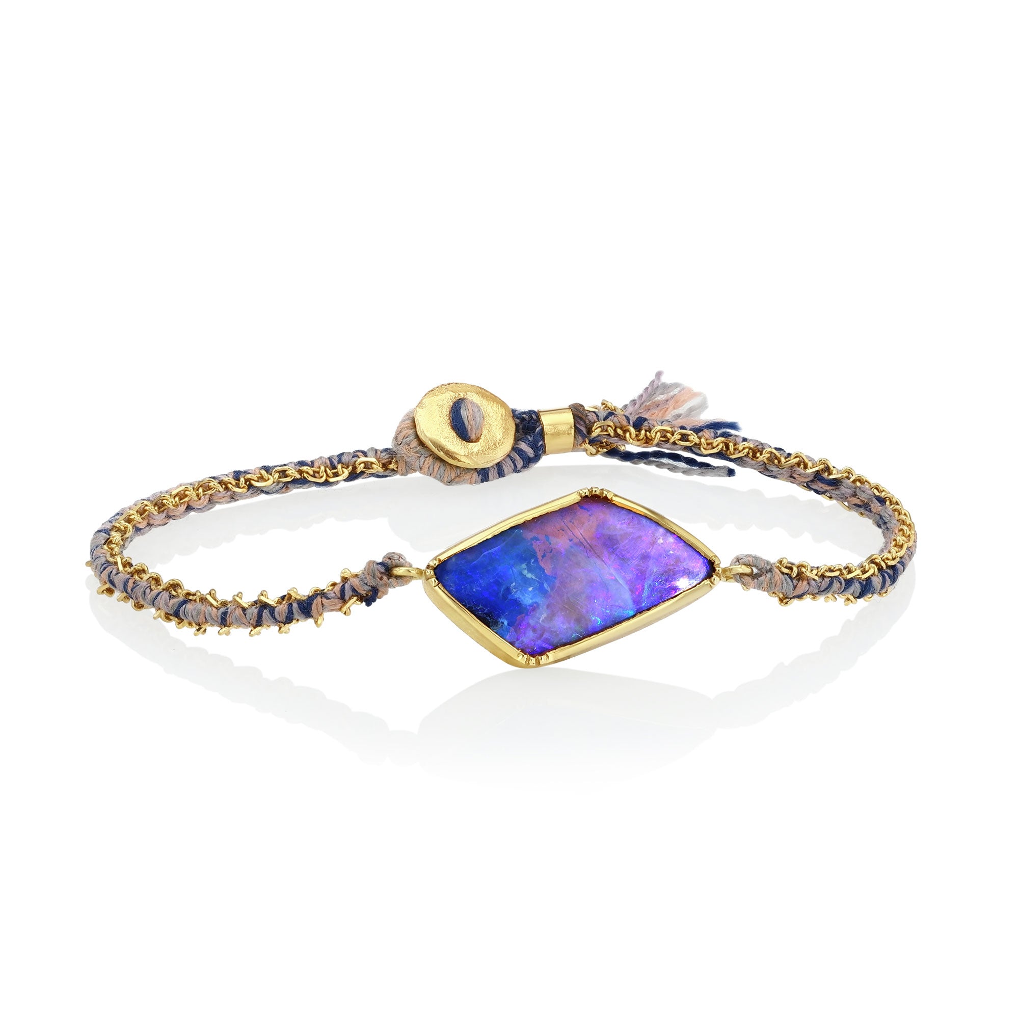 One of a kind bracelet with Opal with hand woven silk and 18k gold chain bracelet from Los Angeles jewelry designer Brooke Gregson.