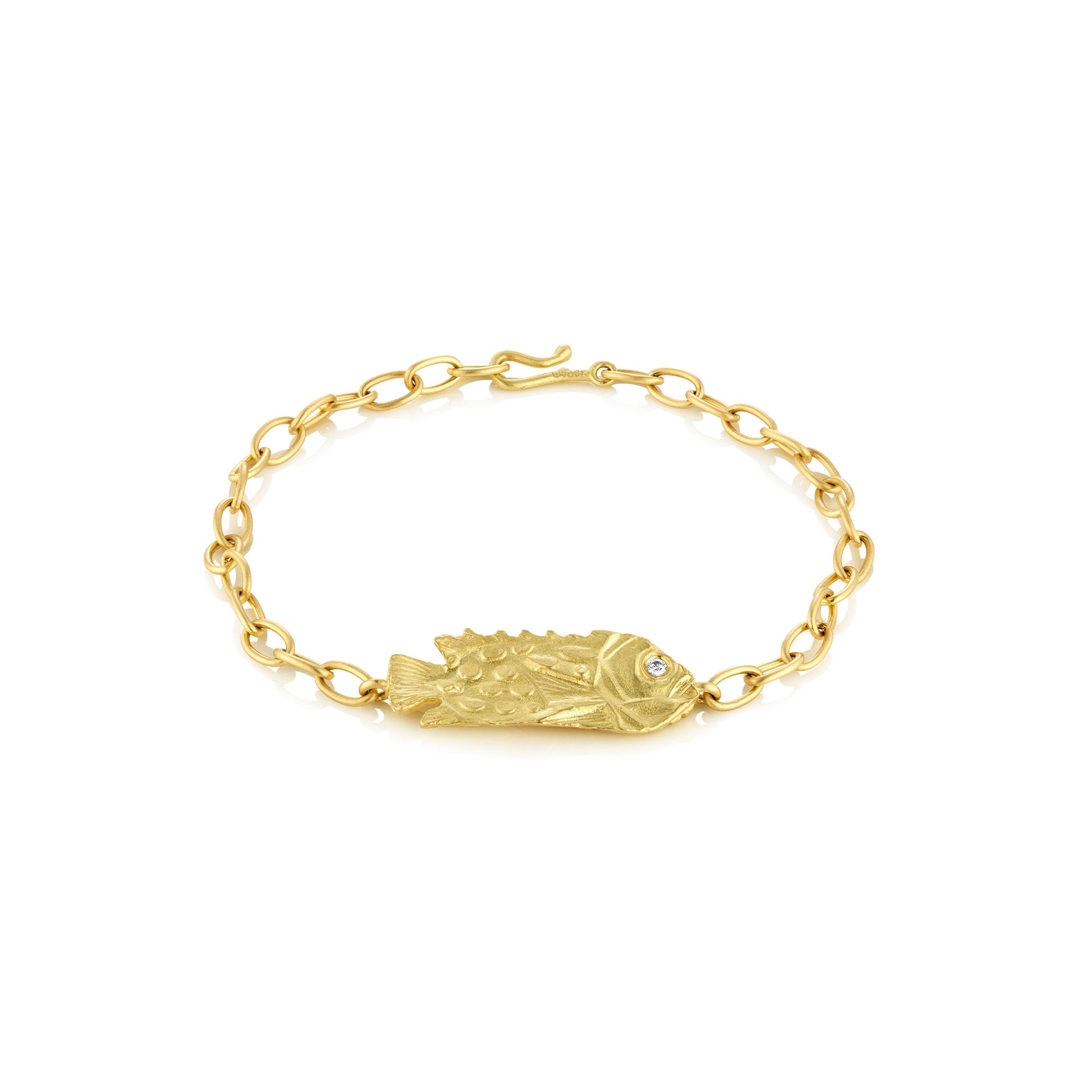18k gold chain link bracelet with fish and diamond eye accent by Brooke Gregson Jewelry.