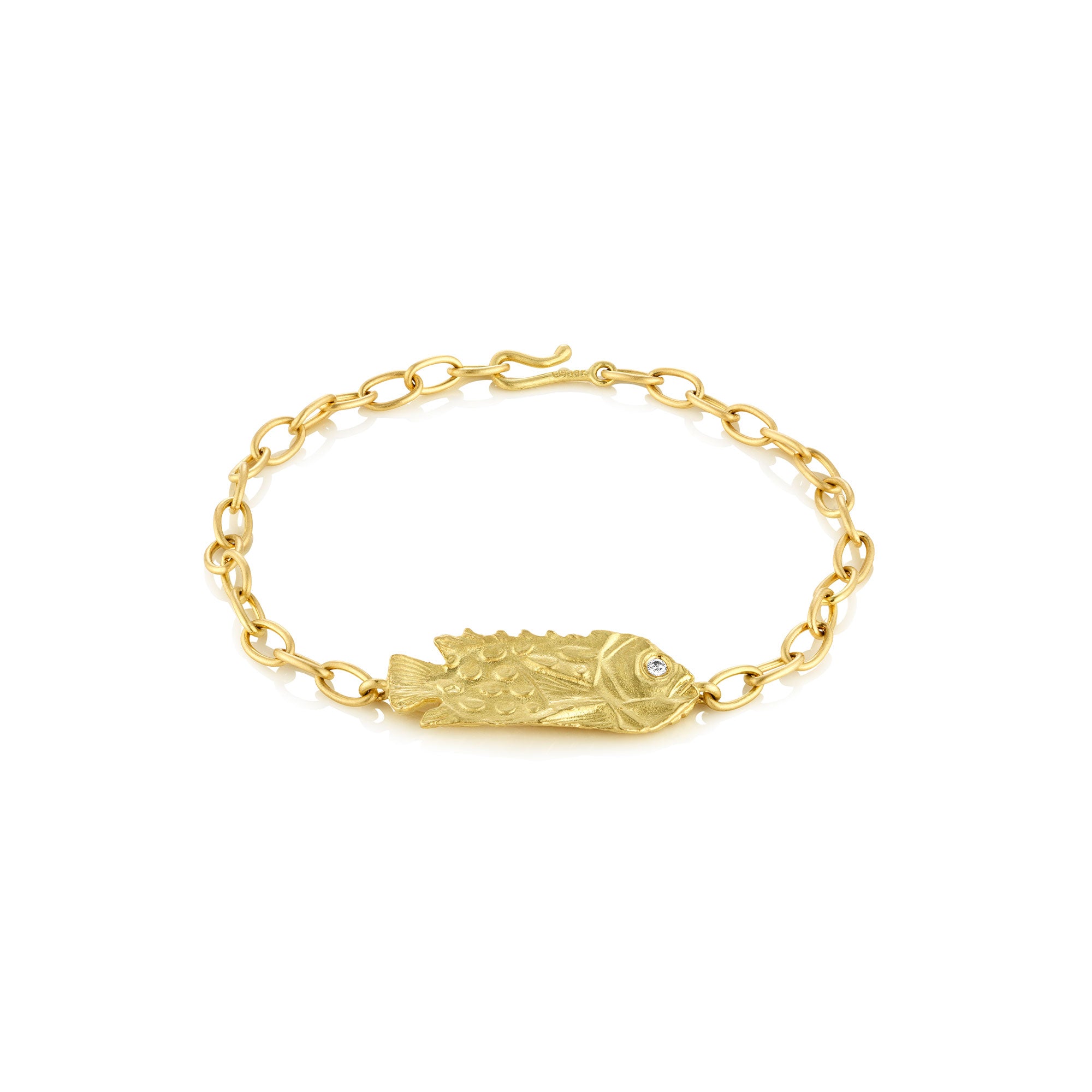 18k gold chain link bracelet with fish and diamond eye accent by Brooke Gregson Jewelry.