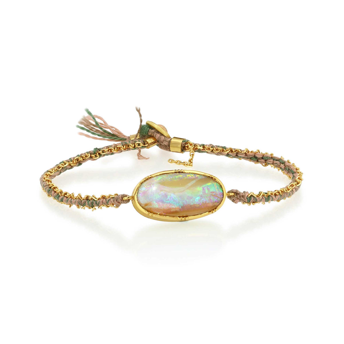 A gold-plated braided bracelet featuring a central oval iridescent opal stone and a small tassel detail, shown on a clean white background.