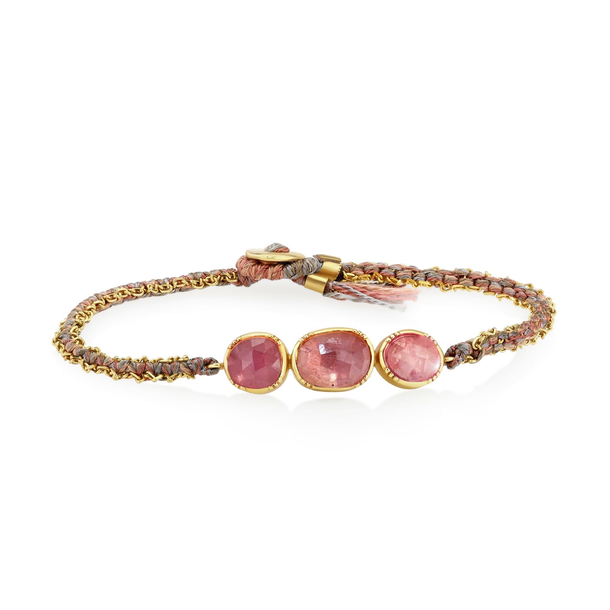 One of a kind pink Sapphire bracelet with hand woven silk and 18k gold chain from Los Angeles jewelry designer Brooke Gregson.