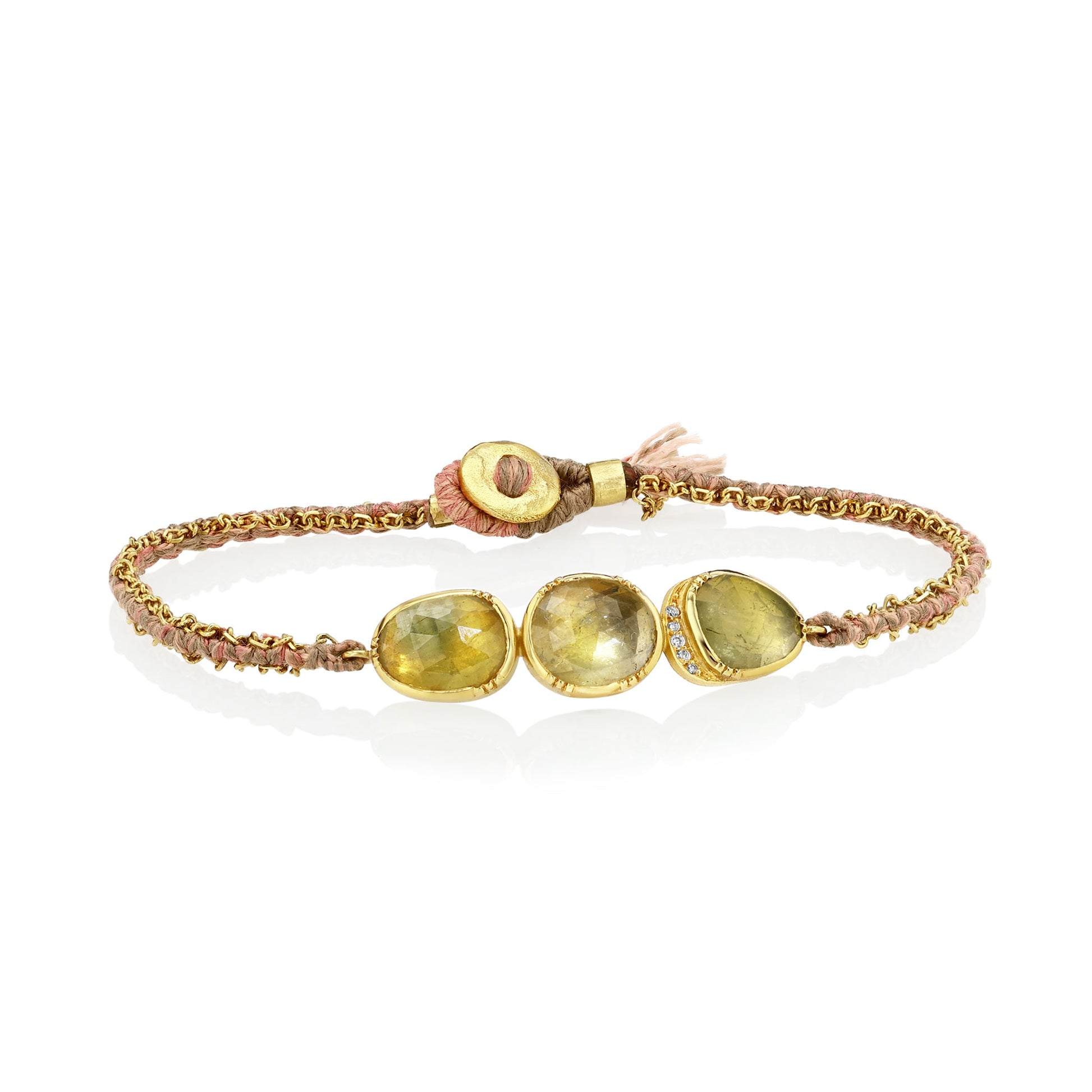 One of a kind Sapphire and Diamond bracelet hand woven with silk and 18k gold chain fromLos Angeles jewelry designer Brooke Gregson