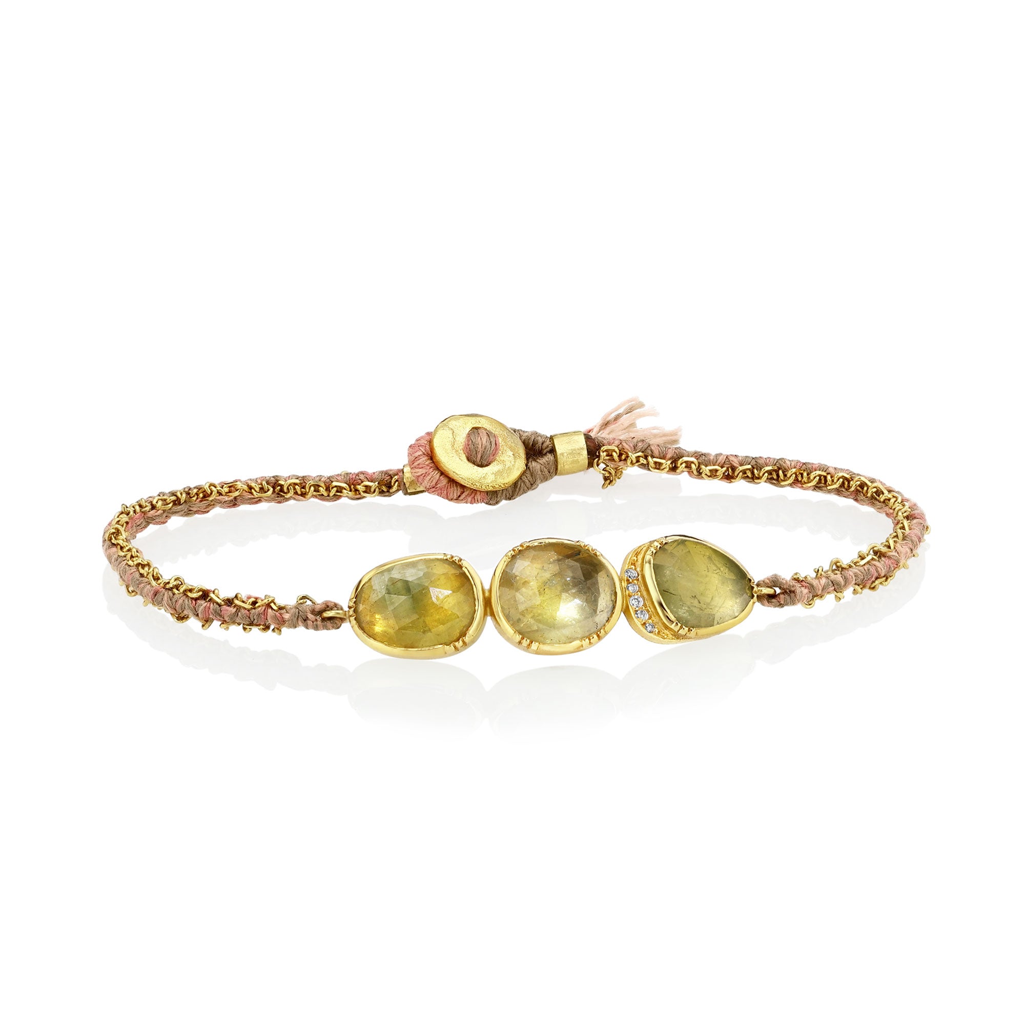 One of a kind Sapphire and Diamond bracelet hand woven with silk and 18k gold chain fromLos Angeles jewelry designer Brooke Gregson