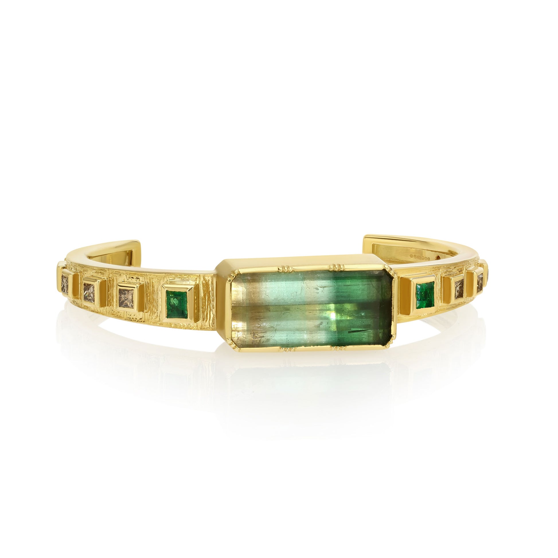 One of a kind bi-color Tourmaline 18k gold hand engraved cuff with Diamond and Tourmaline, fine jewelry handmade in London from Los Angeles designer Brooke Gregson.