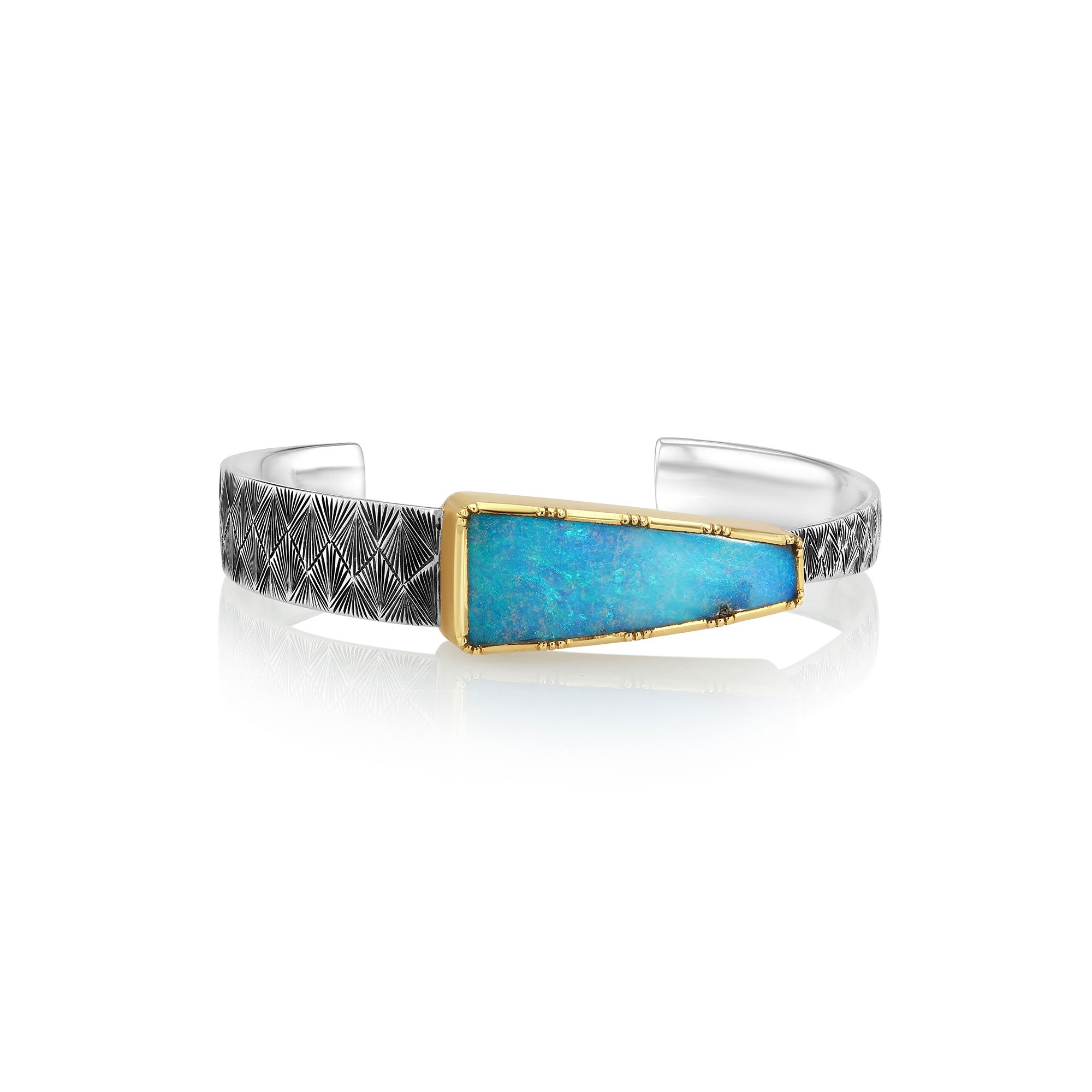 Fan Engraved Opal Gold and Silver Cuff
