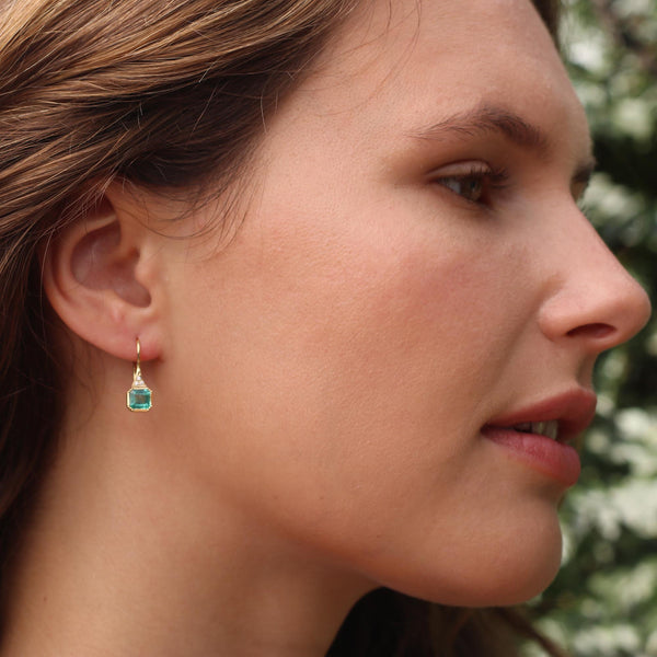 EMERALD CUBE HALO DROP EARRINGS