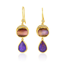 ELLIPSE TEARDROP WOOD OPAL DIAMOND EARRINGS