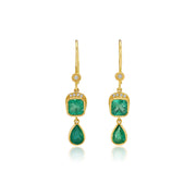 18k gold earrings with emerald green gemstones on a white background
