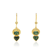 18k gold georgian style bezel tourmaline heart earrings with hand engraved details and diamond ear loop.