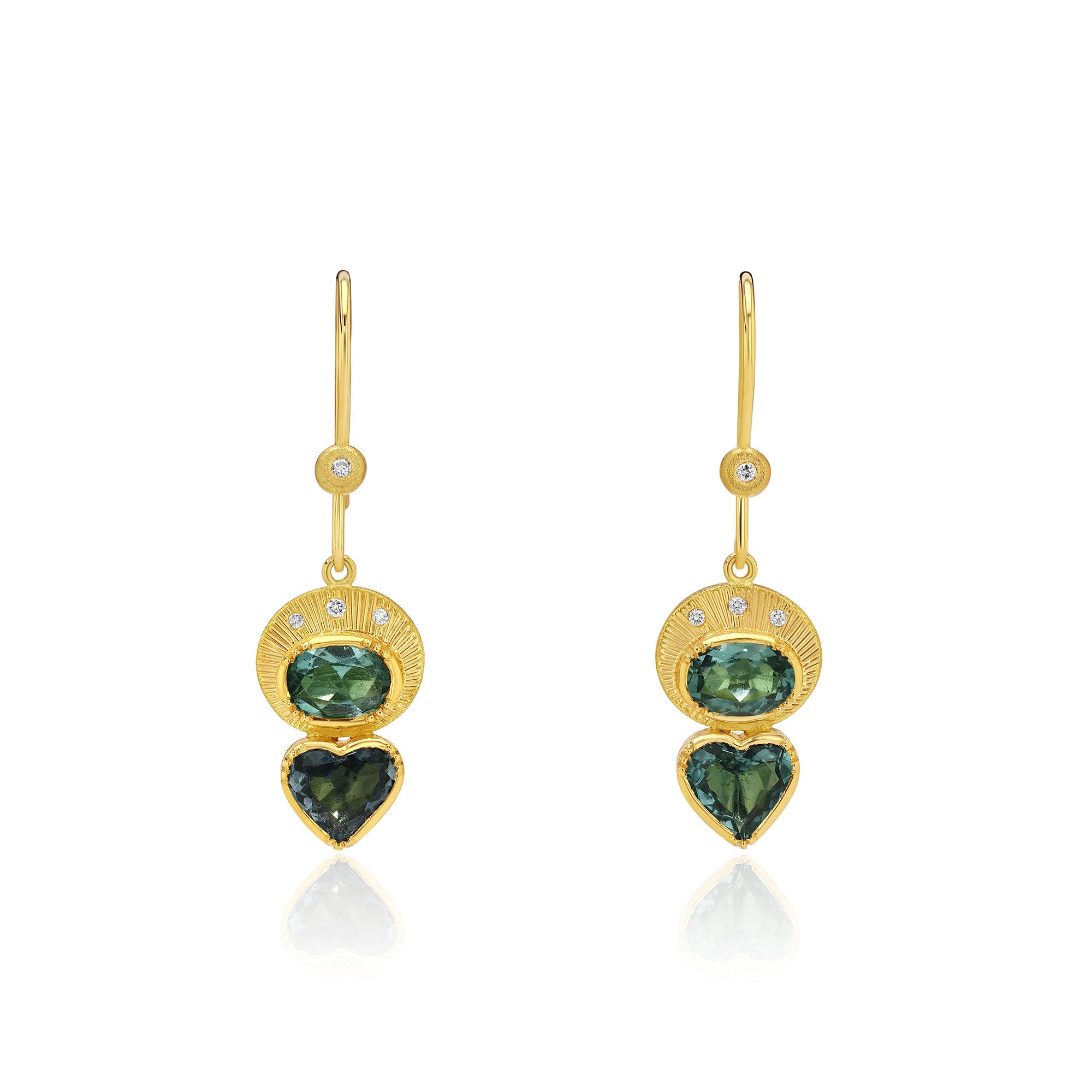 18k gold georgian style bezel tourmaline heart earrings with hand engraved details and diamond ear loop.