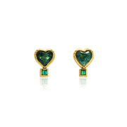 Gold heart shaped emerald and paraiba tourmaline stud earrings on a white background