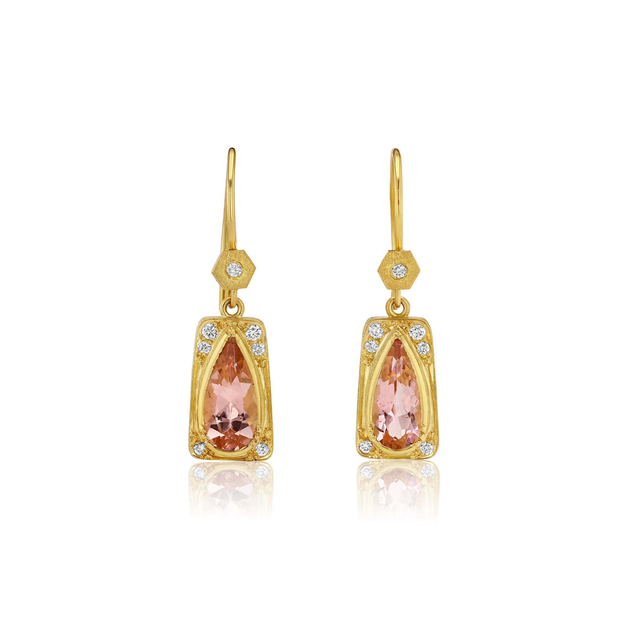 18k gold earrings with pink tourmaline gemstones and diamond accents on a white background