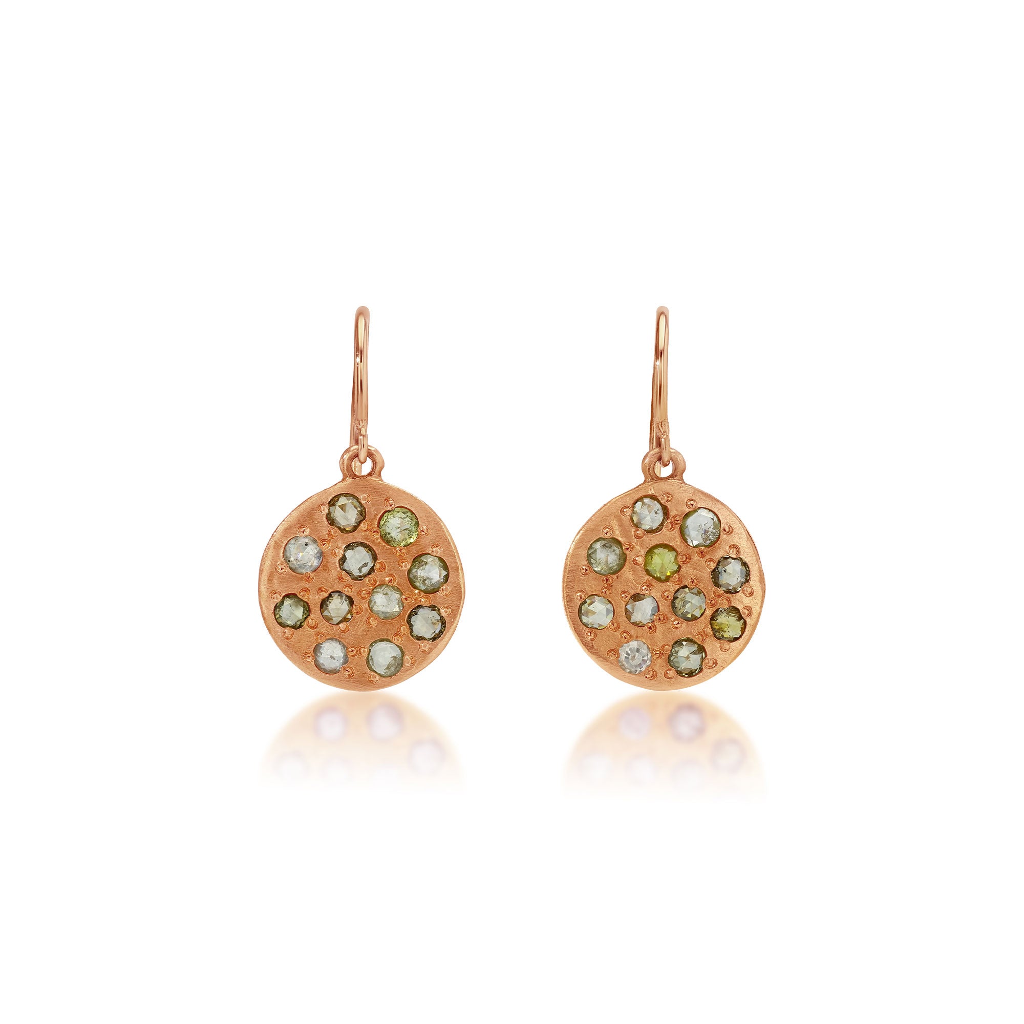product shot on. white background of a pair of 14k rose gold earrings with mixed rosecut diamonds by brooke gregson jewellery
