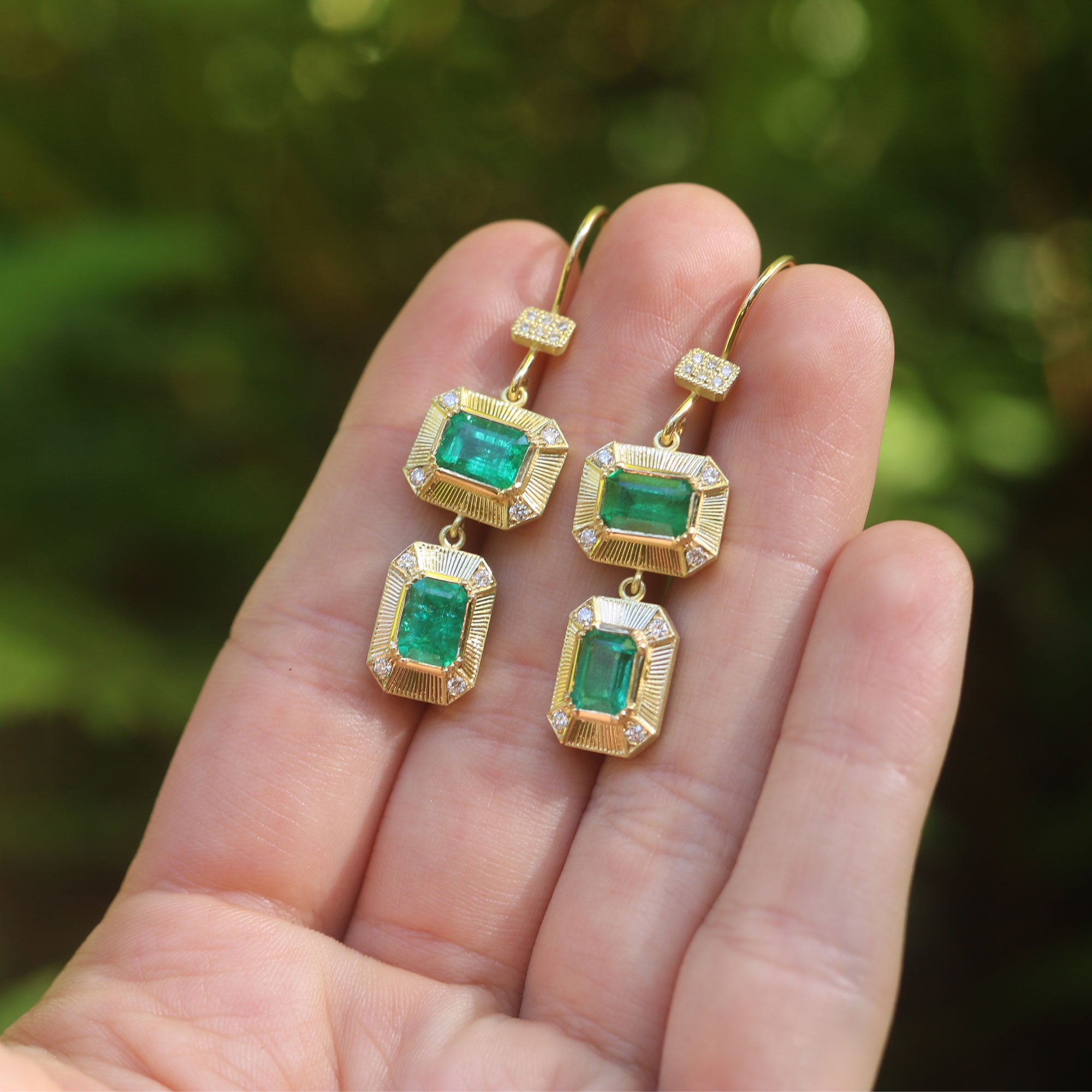Engraved Emerald Shield Earrings