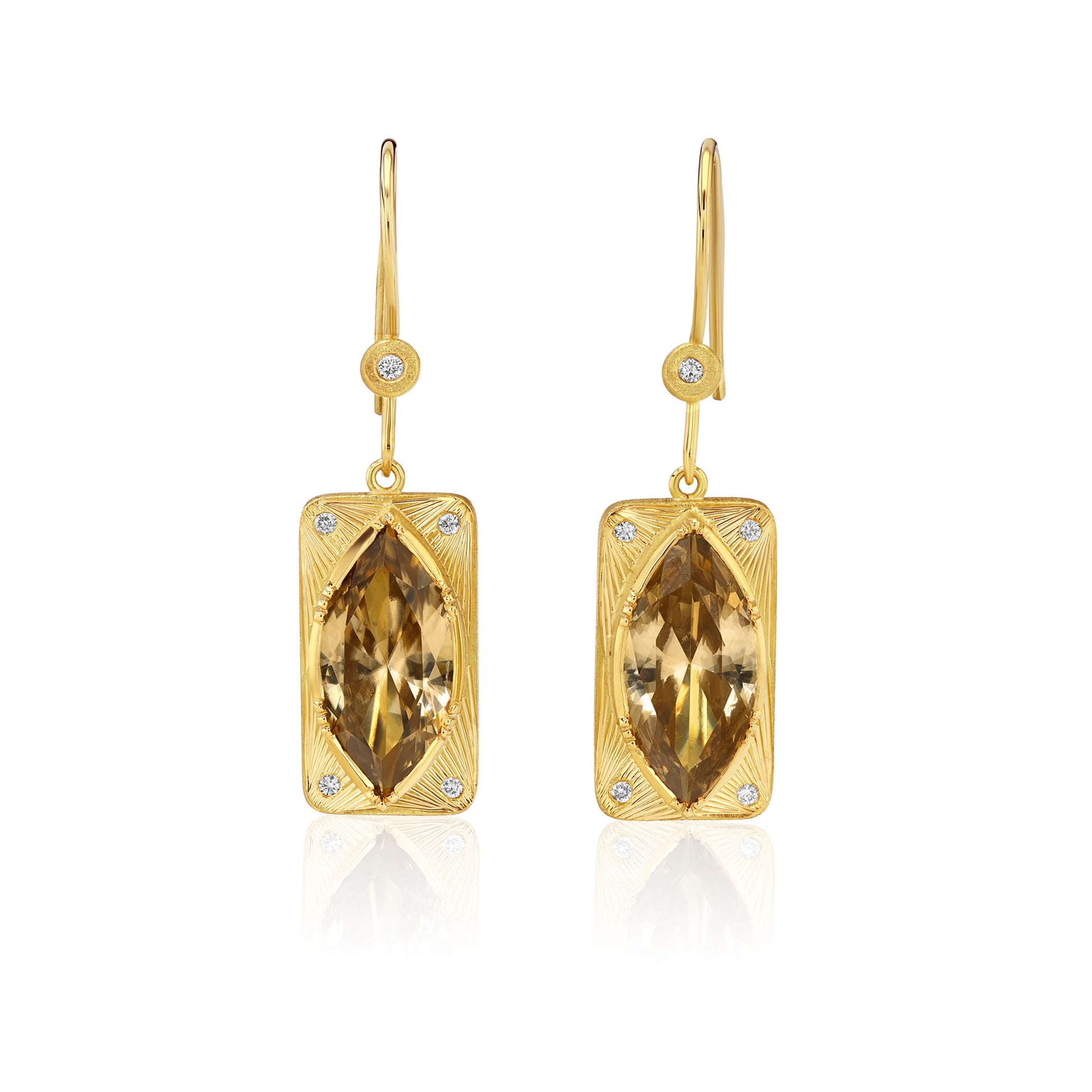 18k gold one of a kind Citrine earrings with hand engraving and white diamond from Los Angeles designer Brooke Gregson fine jewelry handmade in London