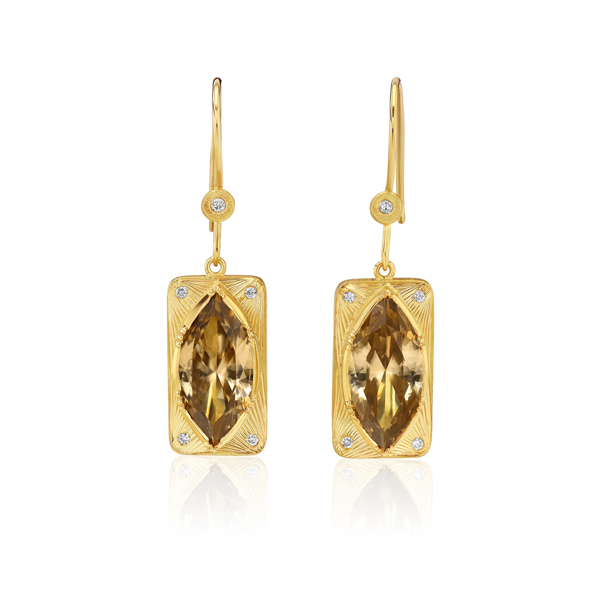 18k gold one of a kind Citrine earrings with hand engraving and white diamond from Los Angeles designer Brooke Gregson fine jewelry handmade in London