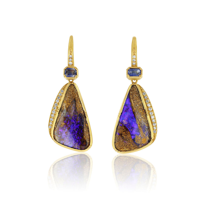 Hand made one of a kind 18k gold Wood Opal, Blue Sapphire and White Diamond earrings with diamond pave ear loop.