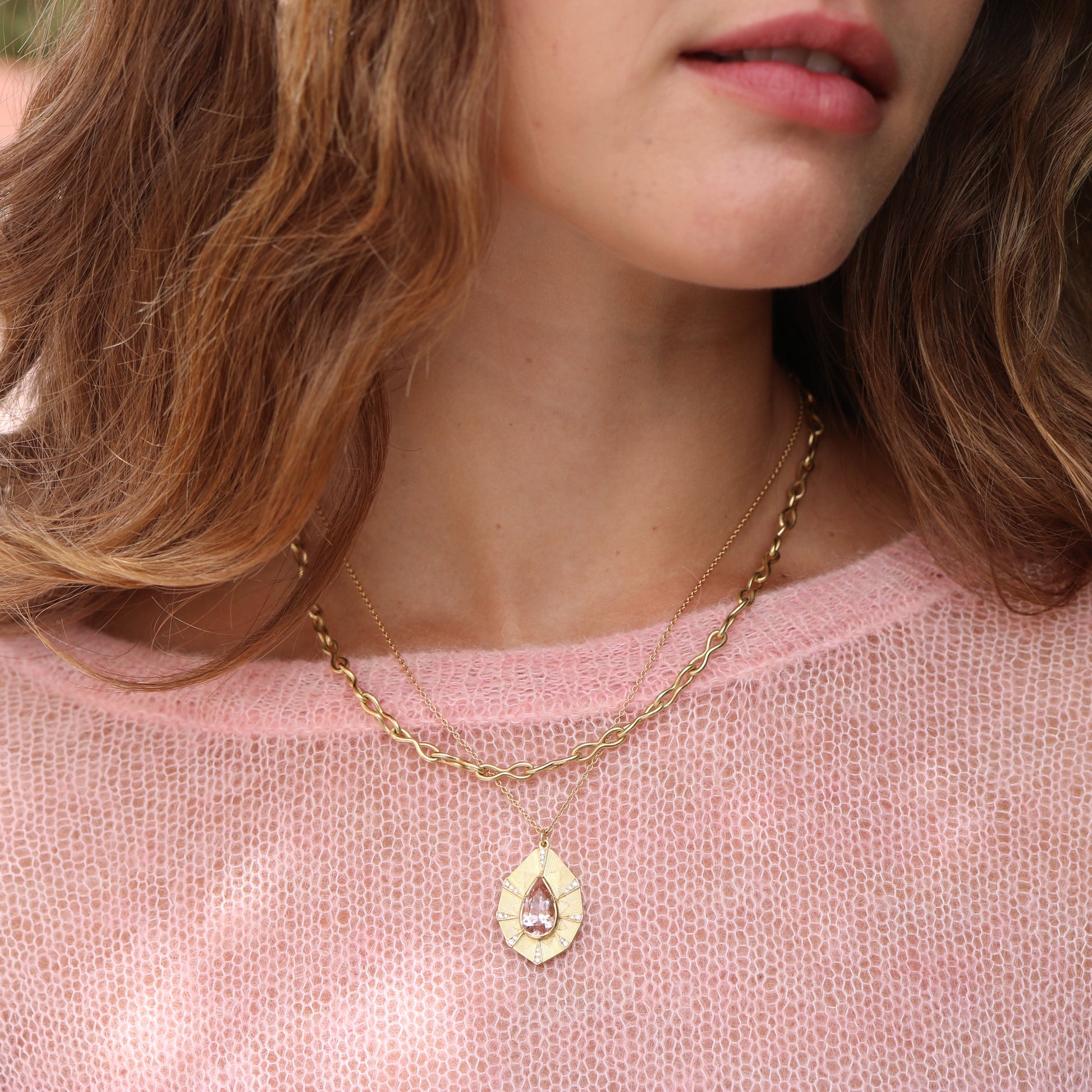 Brooke Gregson one-of-a-kind Talisman Shield Morganite engraved necklace with white diamond pave, exquisite unique fine jewelry handmade in London.