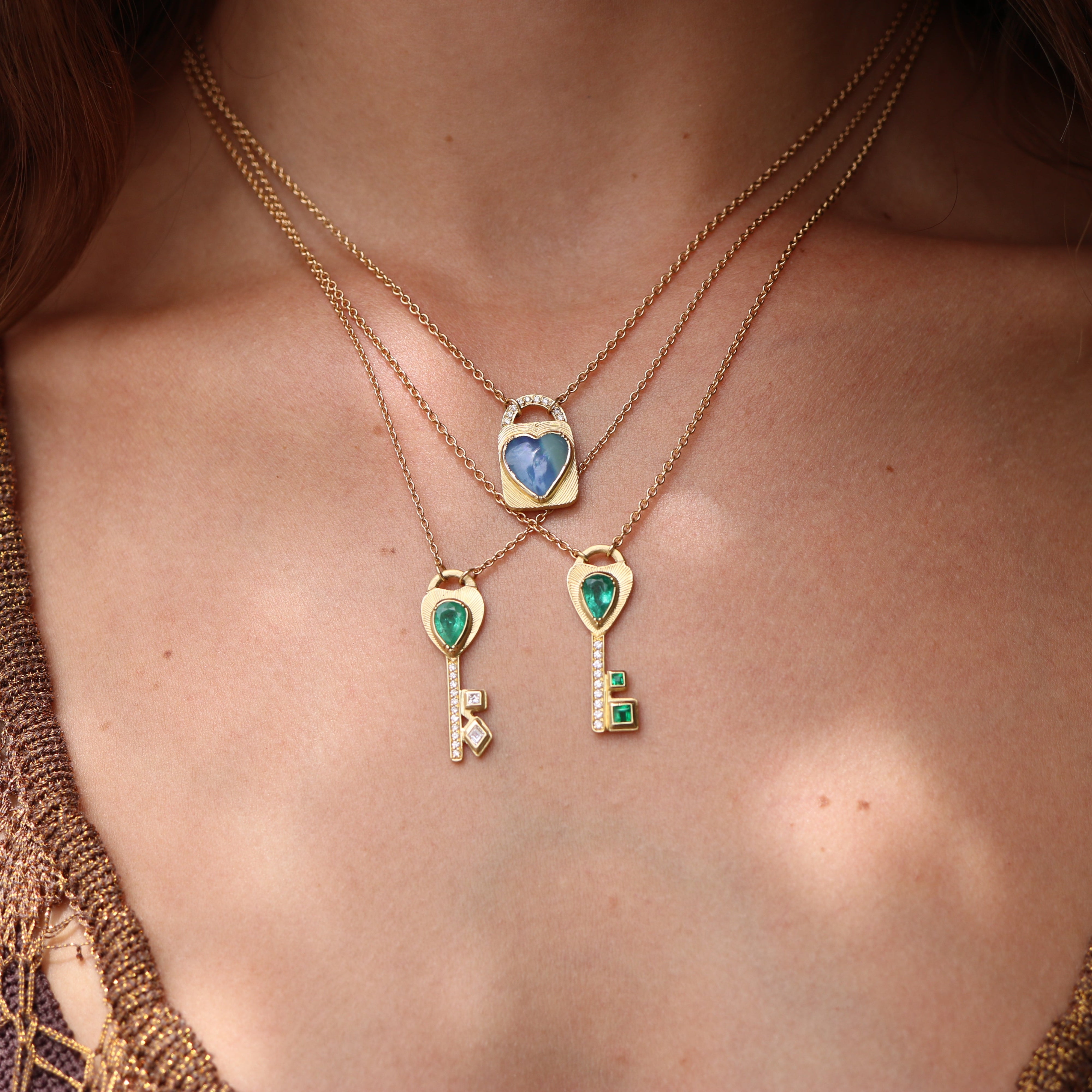 Emerald Diamond Key Heart Necklace