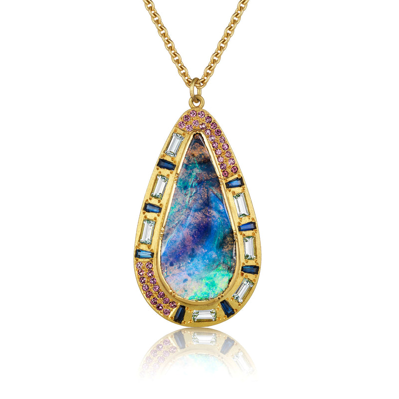 14k White Gold Welo Opal with Diamond Halo Tsavorite Garnet Pendant 14 -  Moriartys Gem Art