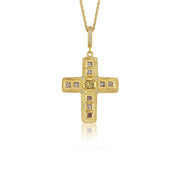 18k gold cross pendant with embedded mixed diamond stones on a white background