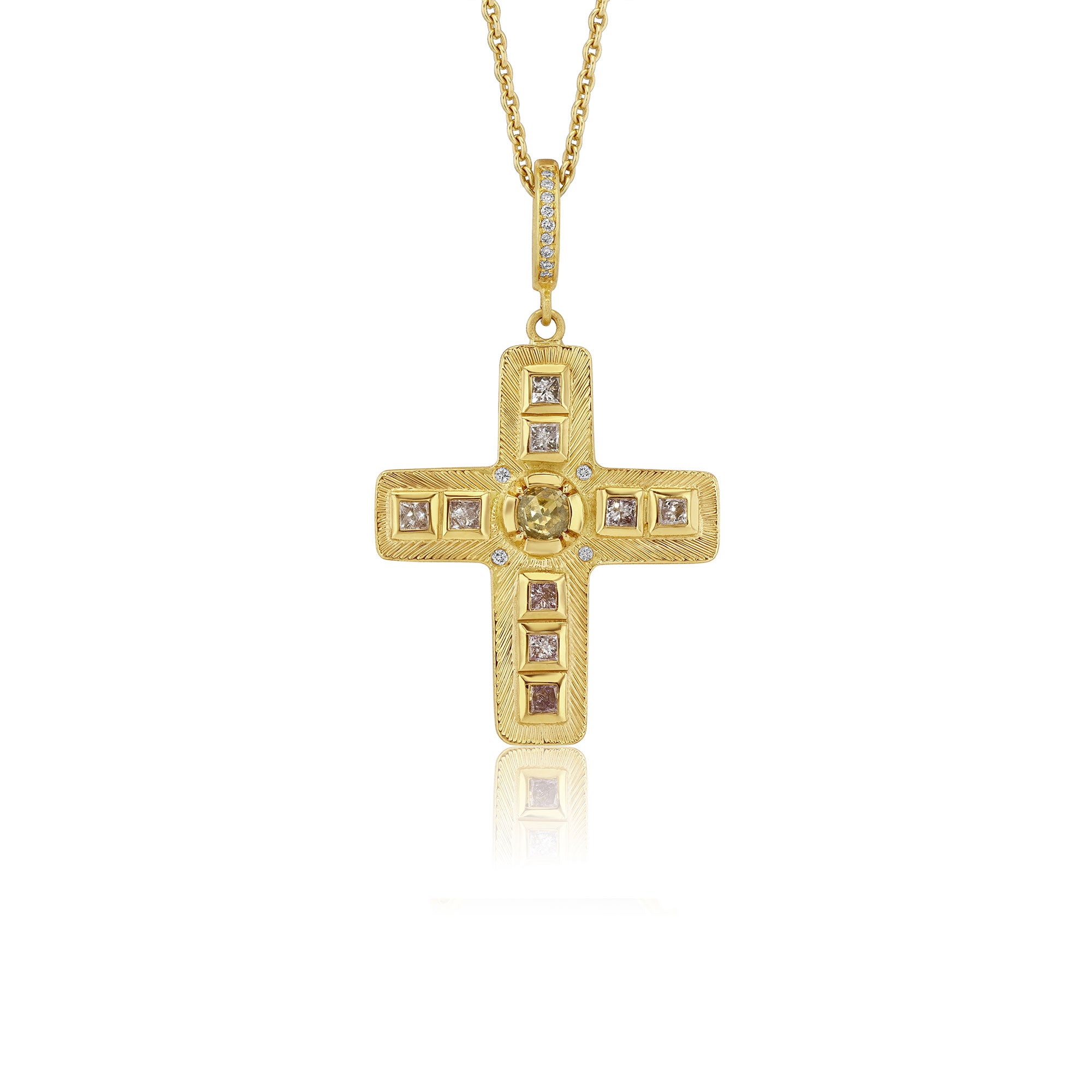 18k gold cross pendant with embedded mixed diamond stones on a white background