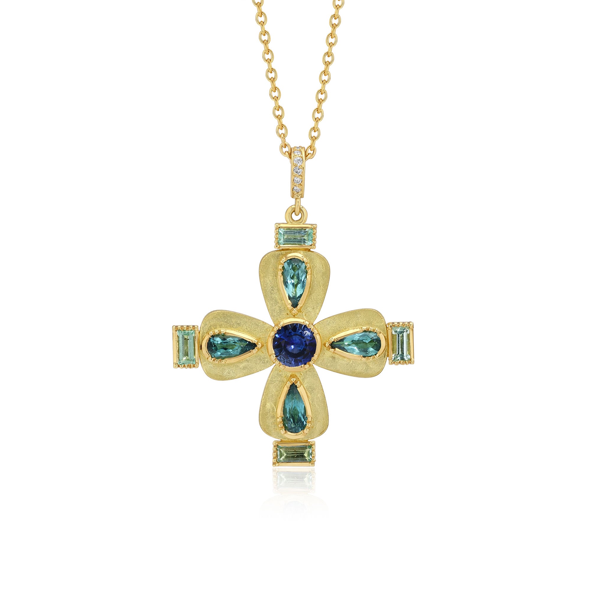 Sapphire Tourmaline Emerald Cross Necklace
