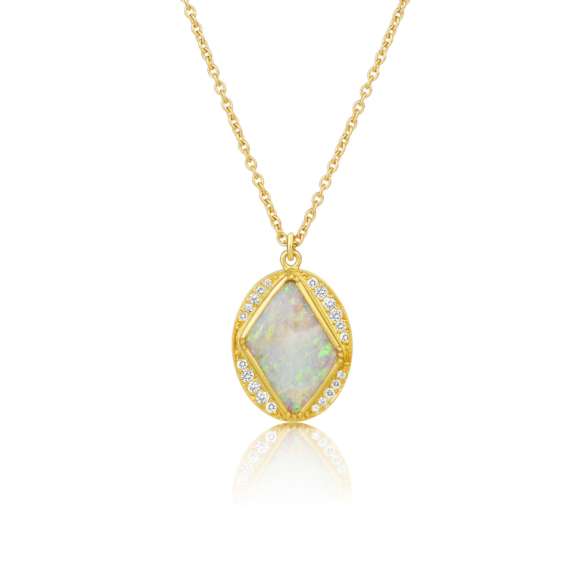 18k yellow gold necklace with a pendant featuring an opal stone and white diamond pave on a white background