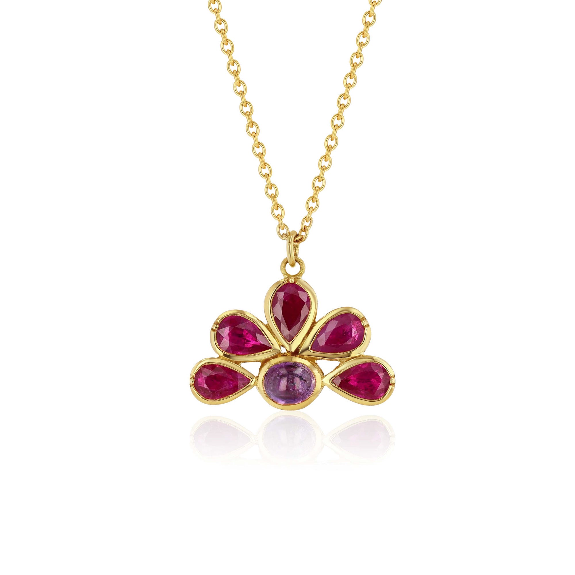 Cabochon Ruby Sapphire Flower Necklace