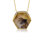18K hexagonal pendant agate necklace with gold frame and gemstones on a white background