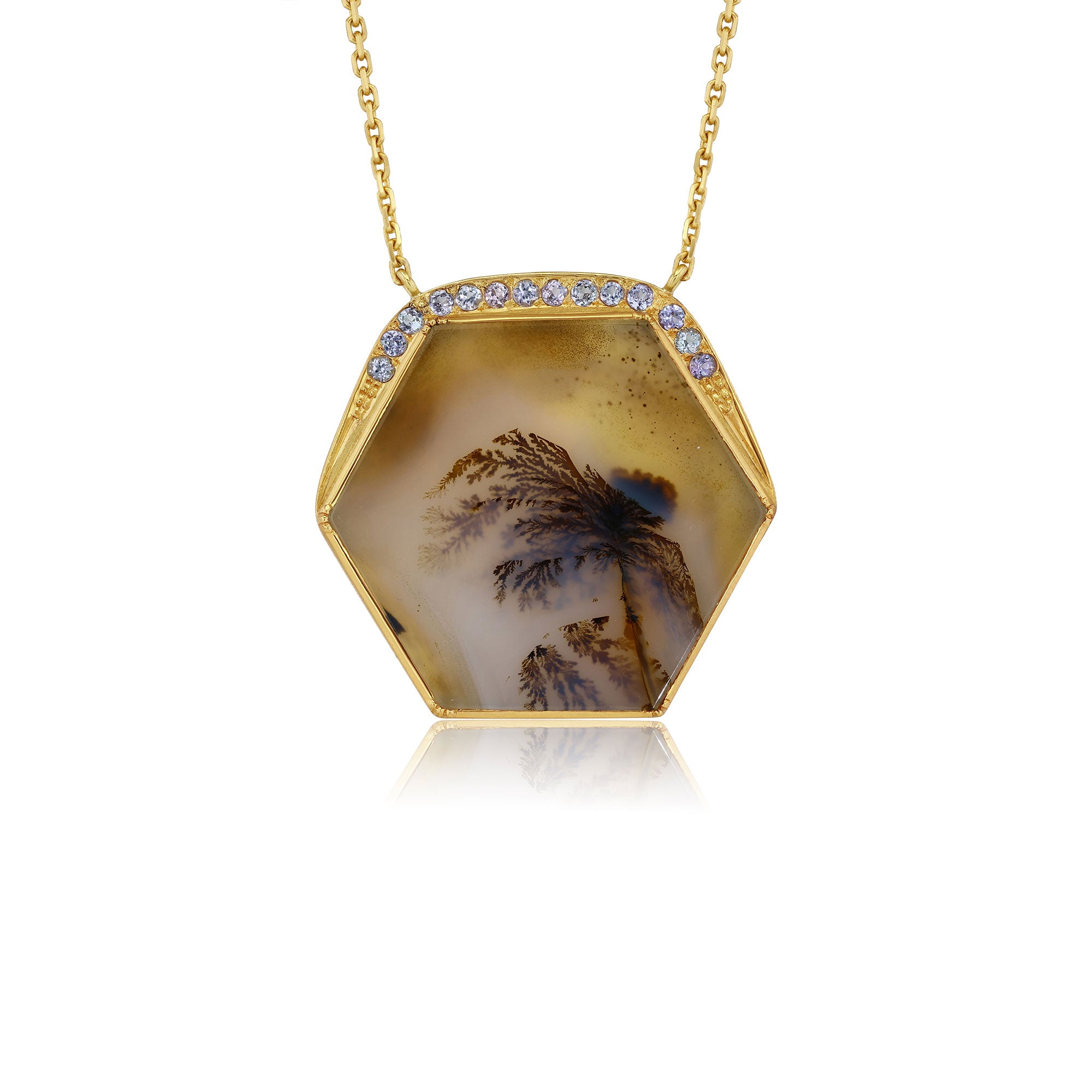 18K hexagonal pendant agate necklace with gold frame and gemstones on a white background