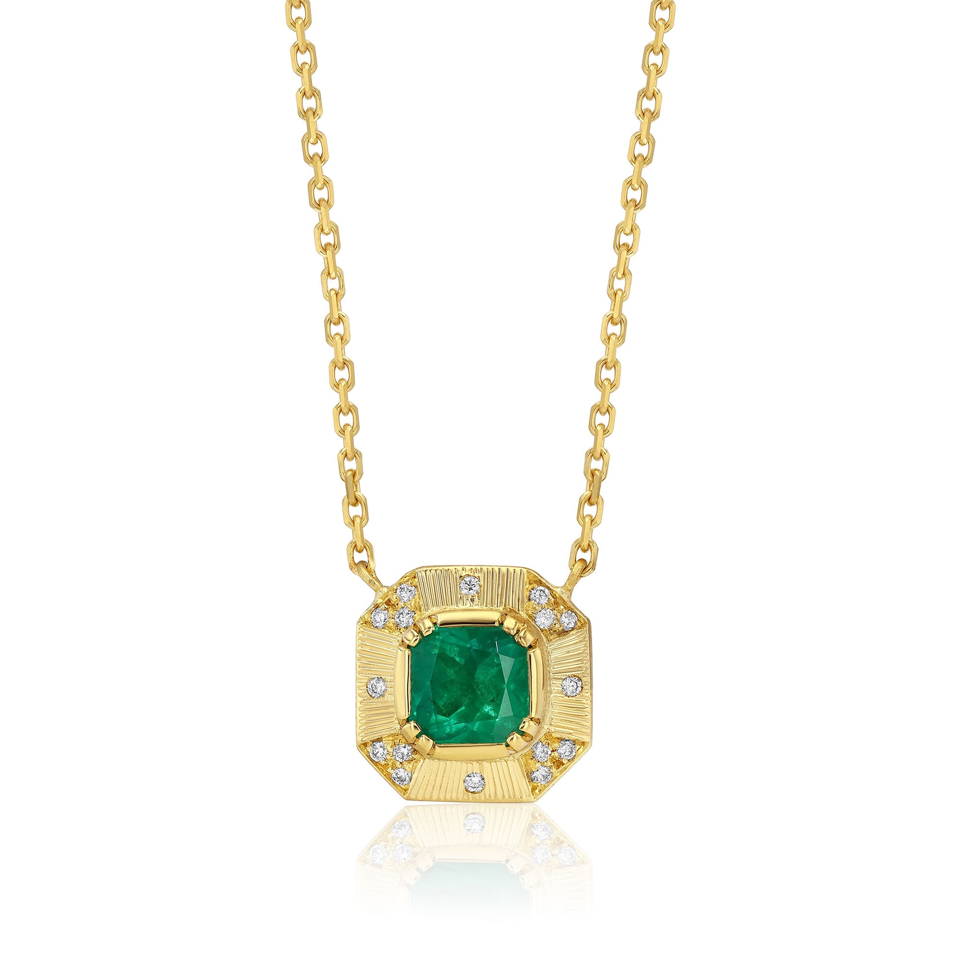 18k gold georgian style emerald necklace with hand engraving and diamond pave accent by Brooke Gregson