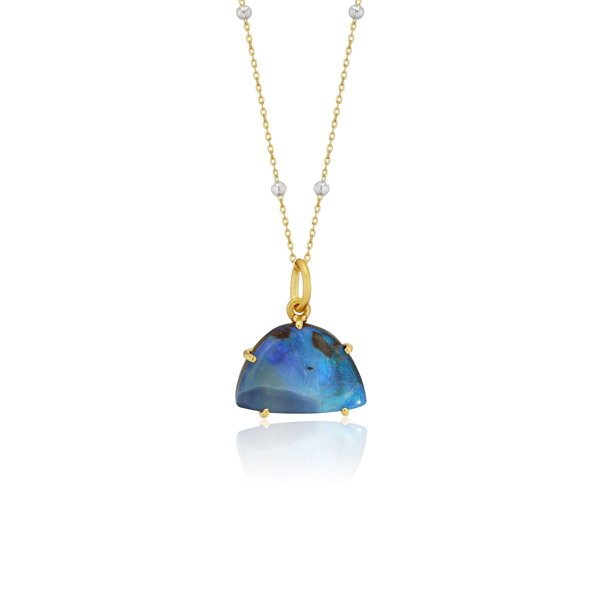 Necklace with a blue boulder opal pendant on a white background