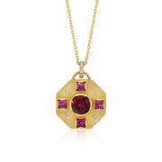 Mandala Shield Engraved Diamond Rhodolite Garnet Necklace