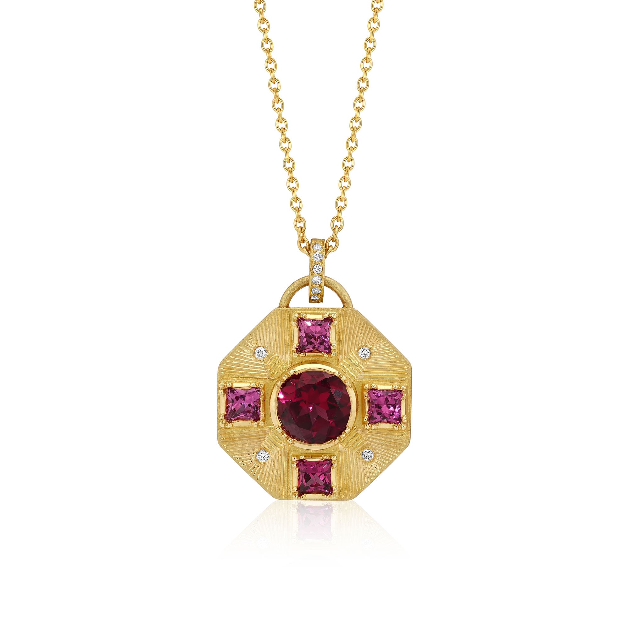 Mandala Shield Engraved Diamond Rhodolite Garnet Necklace