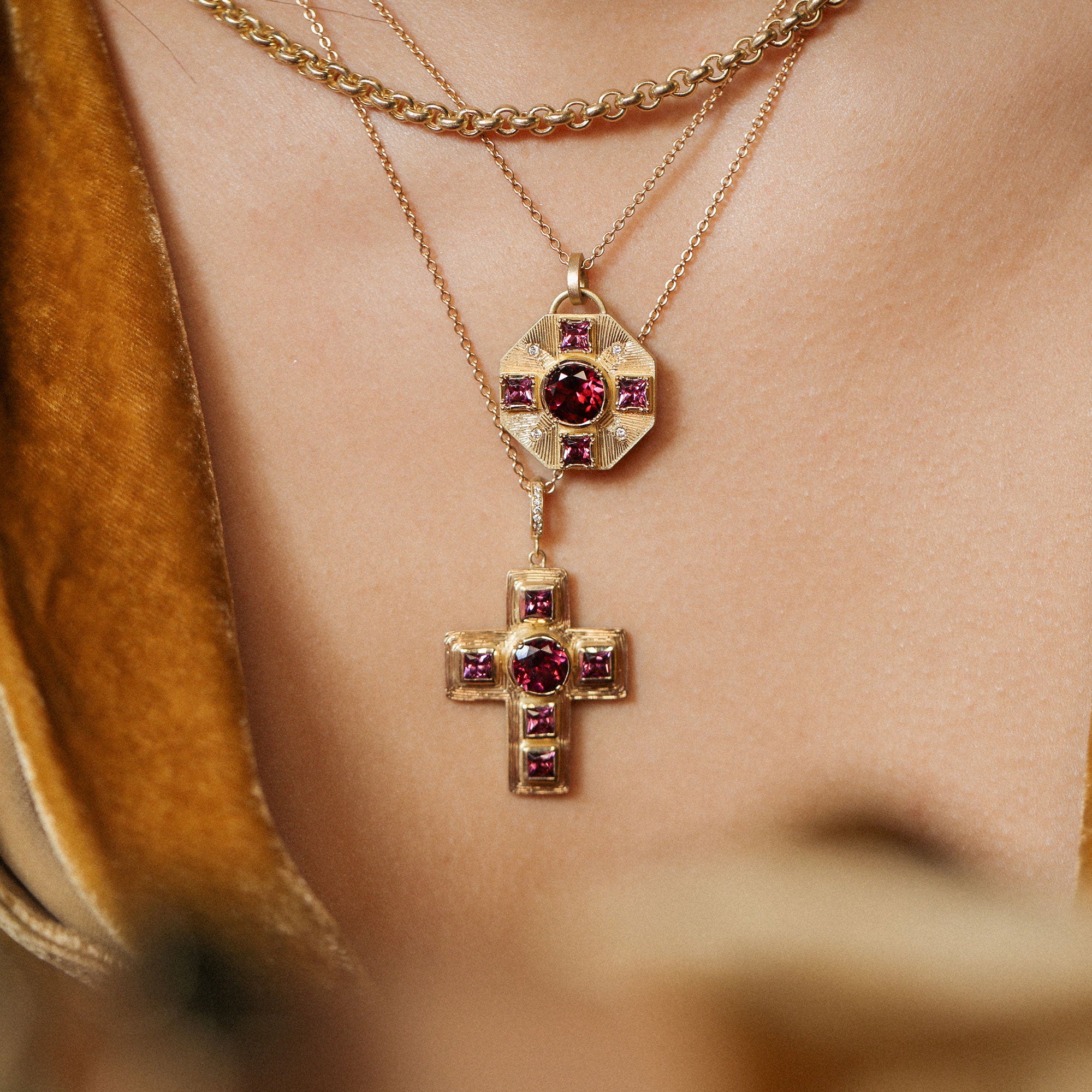 Mandala Shield Engraved Diamond Rhodolite Garnet Necklace