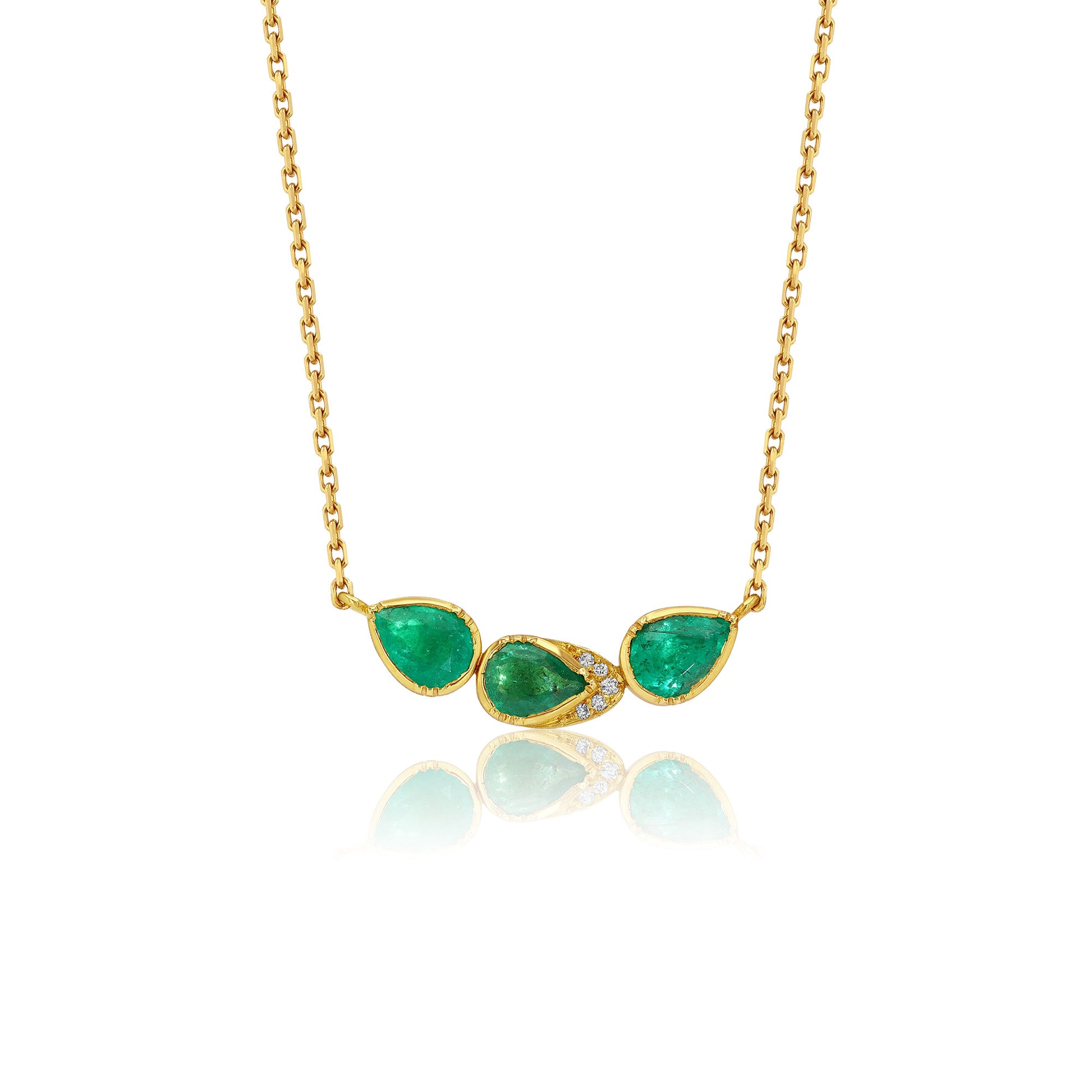 18K Gold necklace with green emerald gemstones and white diamond pave by jewelry designer brooke gregson on a white background