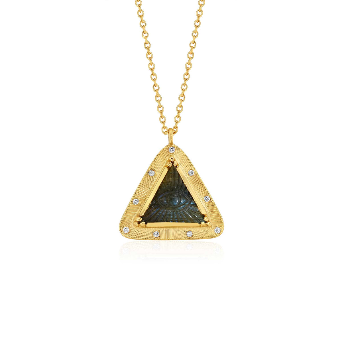 A gold triangle pendant necklace featuring a central dark green and black eye of providence labradorite motif, accented with small diamond stones along the border, suspended from a delicate gold chain against a white background.