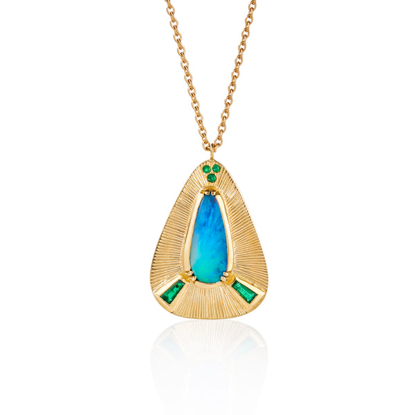Pyramid Engraved Opal Emerald Necklace