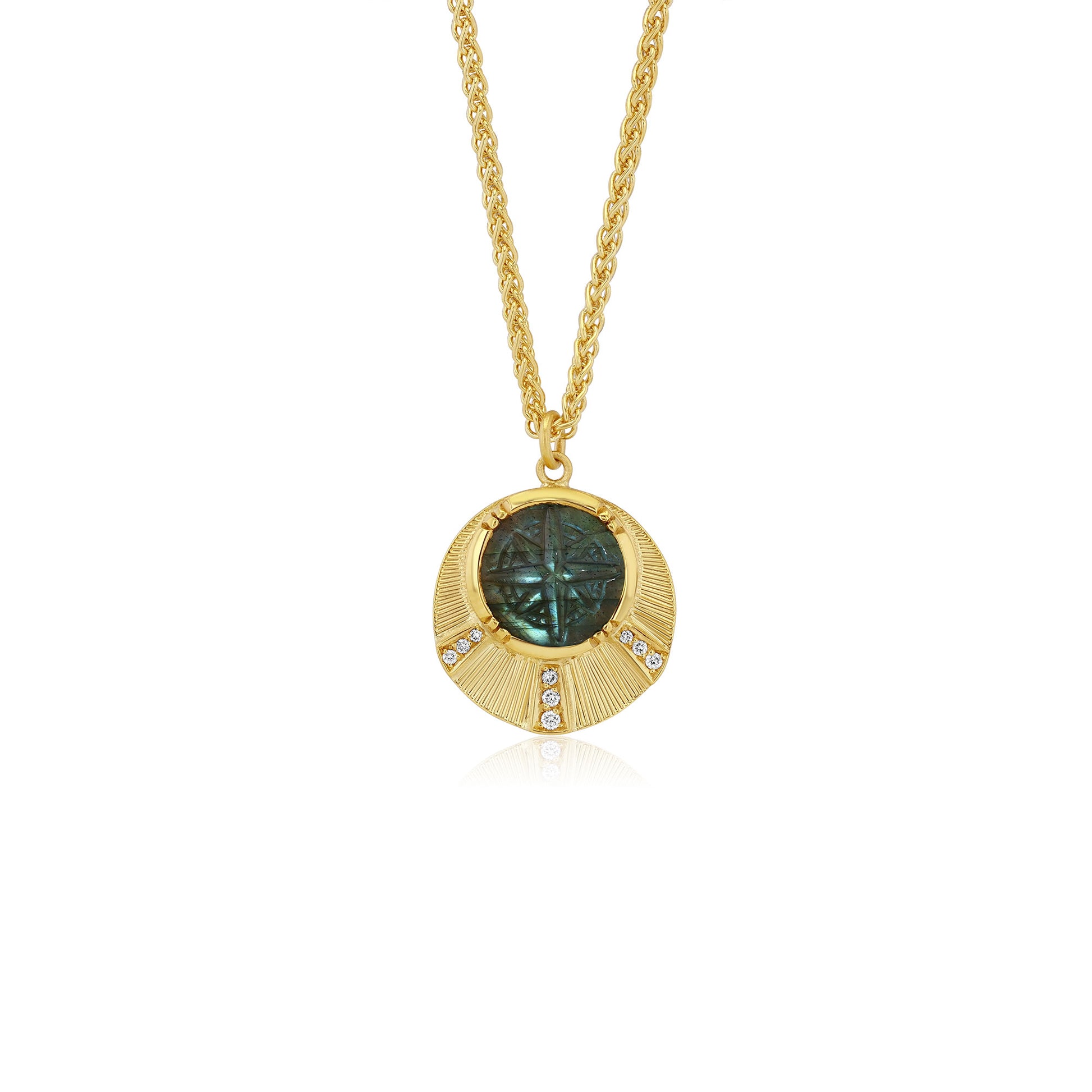 18k Gold necklace with a circular compass pendant featuring a labradorite stone with hand engraving and white diamond accents on a white background