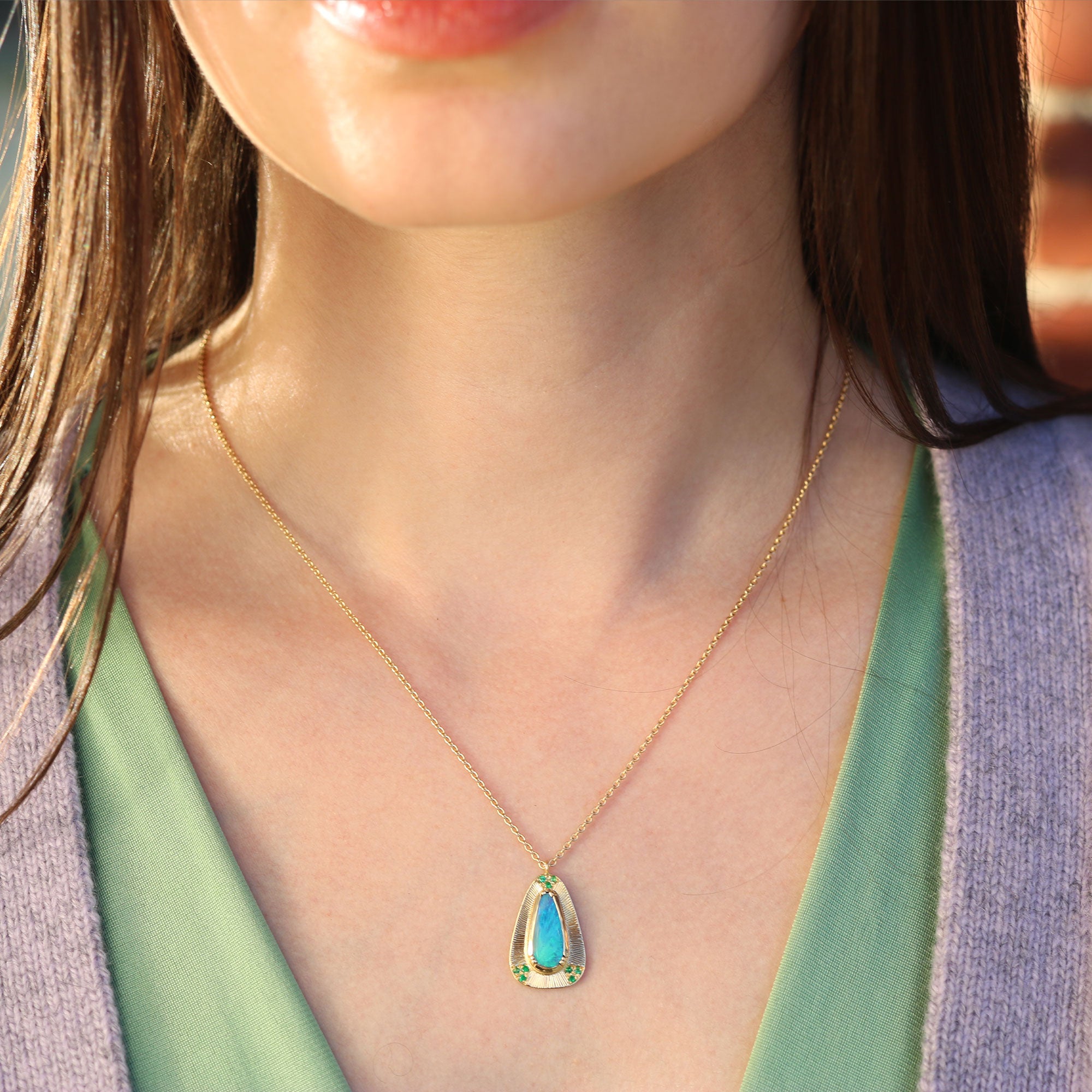 Boulder Opal Shield Emerald Engraved Necklace