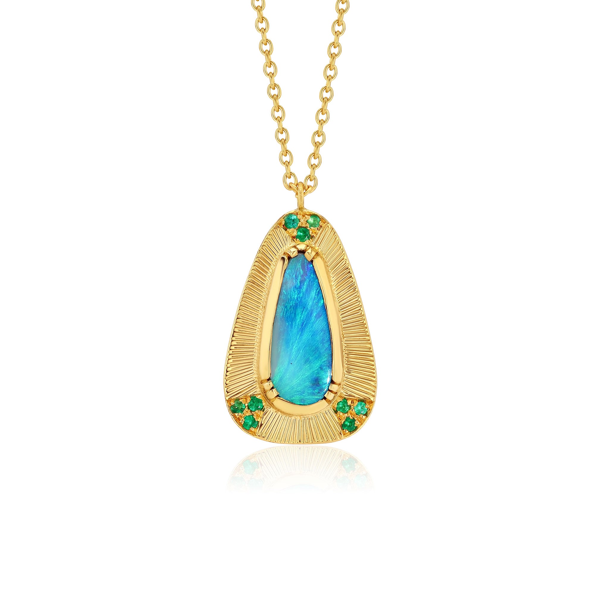Boulder Opal Shield Emerald Engraved Necklace