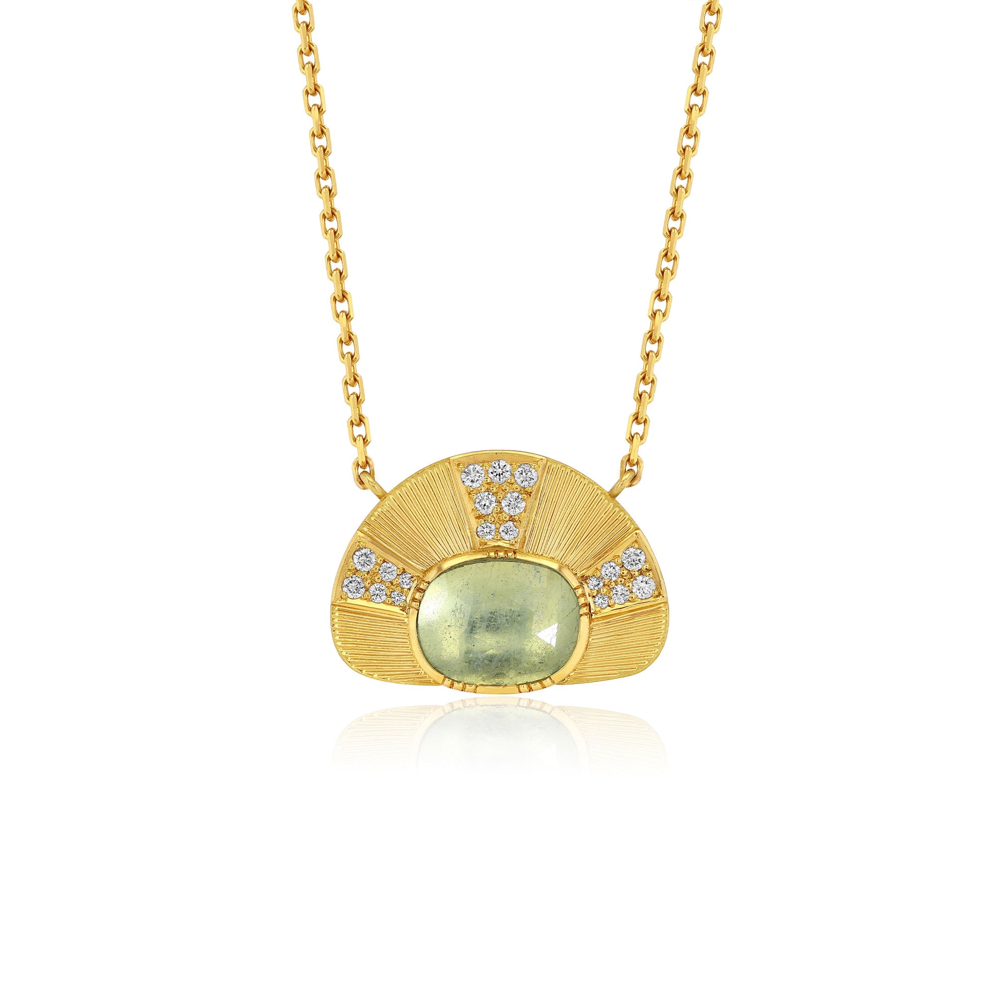 A gold pendant necklace featuring a fan-shaped design with a central oval light aquamarine green stone and small clear accent diamond stones, shown on a white background with a soft reflection.