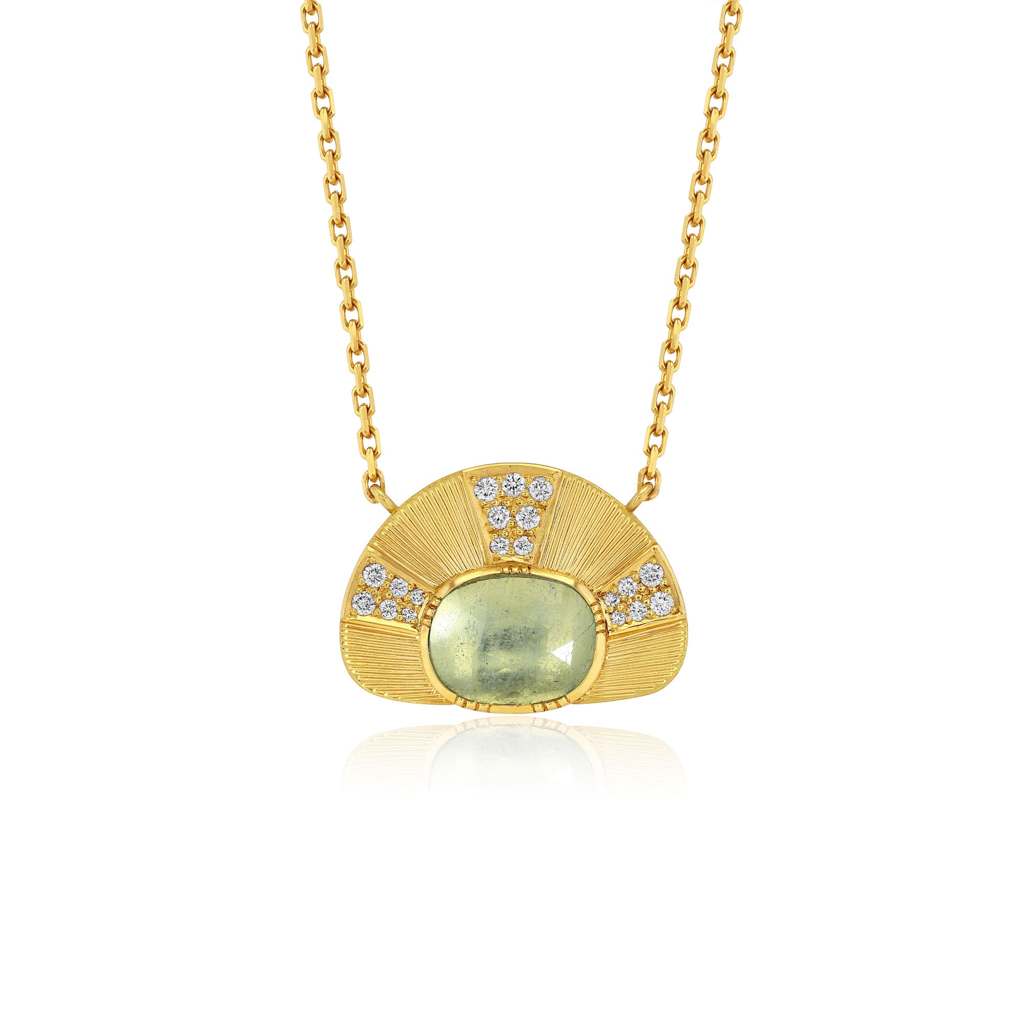 A gold pendant necklace featuring a fan-shaped design with a central oval light aquamarine green stone and small clear accent diamond stones, shown on a white background with a soft reflection.