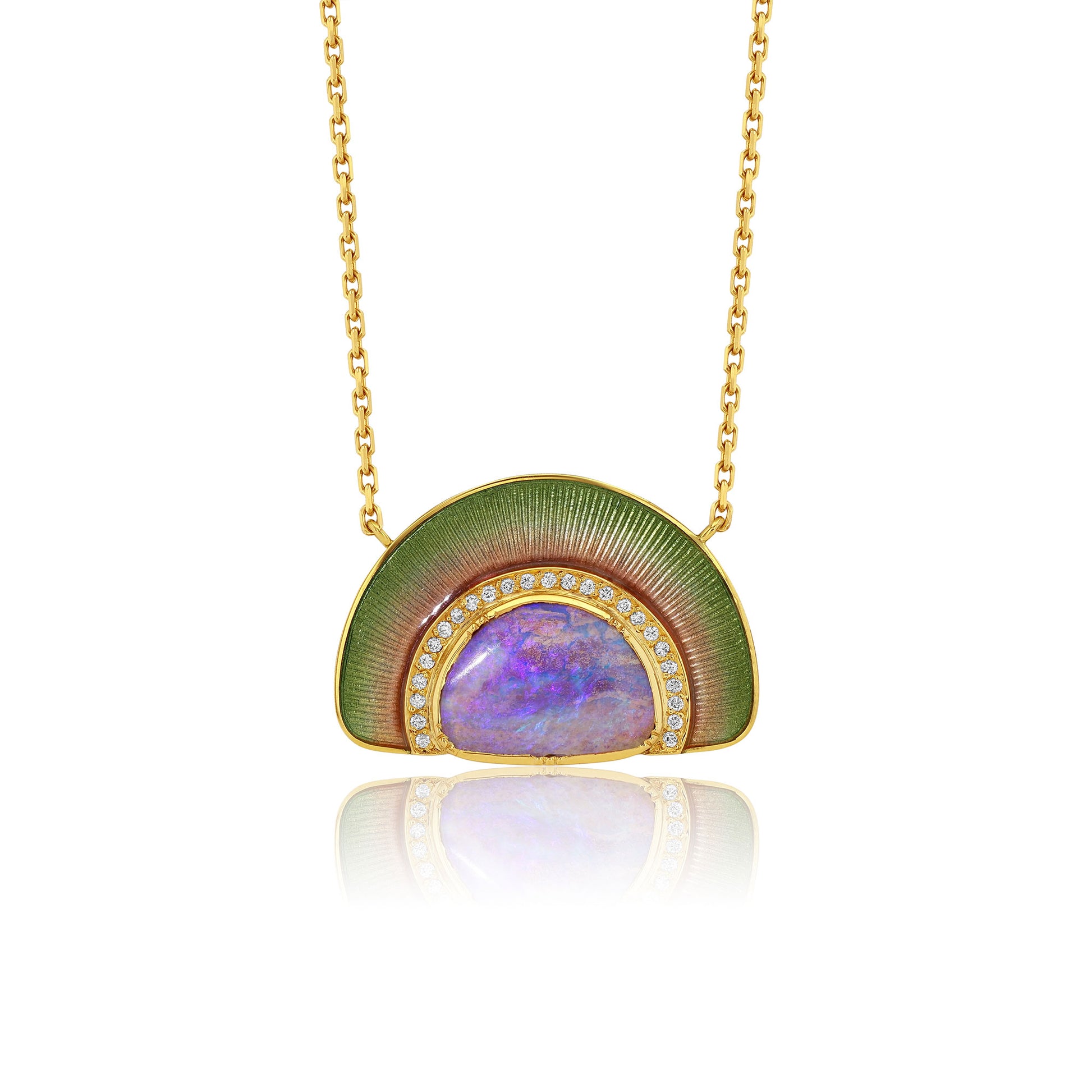 Gold pendant necklace featuring a semi-circular design with a green textured enamel outer section, a gold inner border accented with small diamond stones, and a central iridescent purple-blue opal.