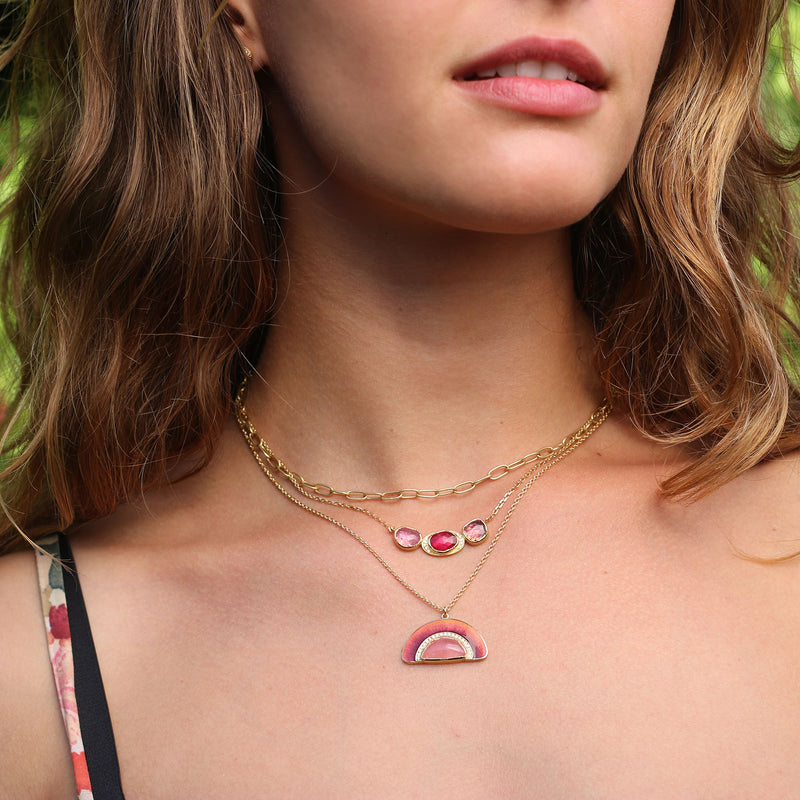 ORBIT 3 PINK SAPPHIRE RUBY HALO NECKLACE