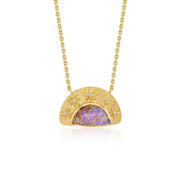 A gold pendant necklace featuring a semi-circular gold frame with small star details and tiny diamond stones, surrounding a central purple opal inlay. The necklace is displayed on a clean white background with a soft reflection.